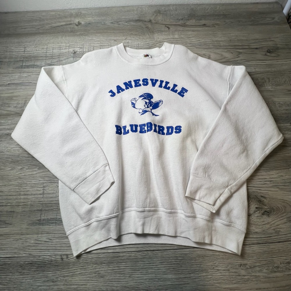 Fruit of the Loom Sweatshirt Mens XL White Janesville Bluebirds Vintage 90s USA